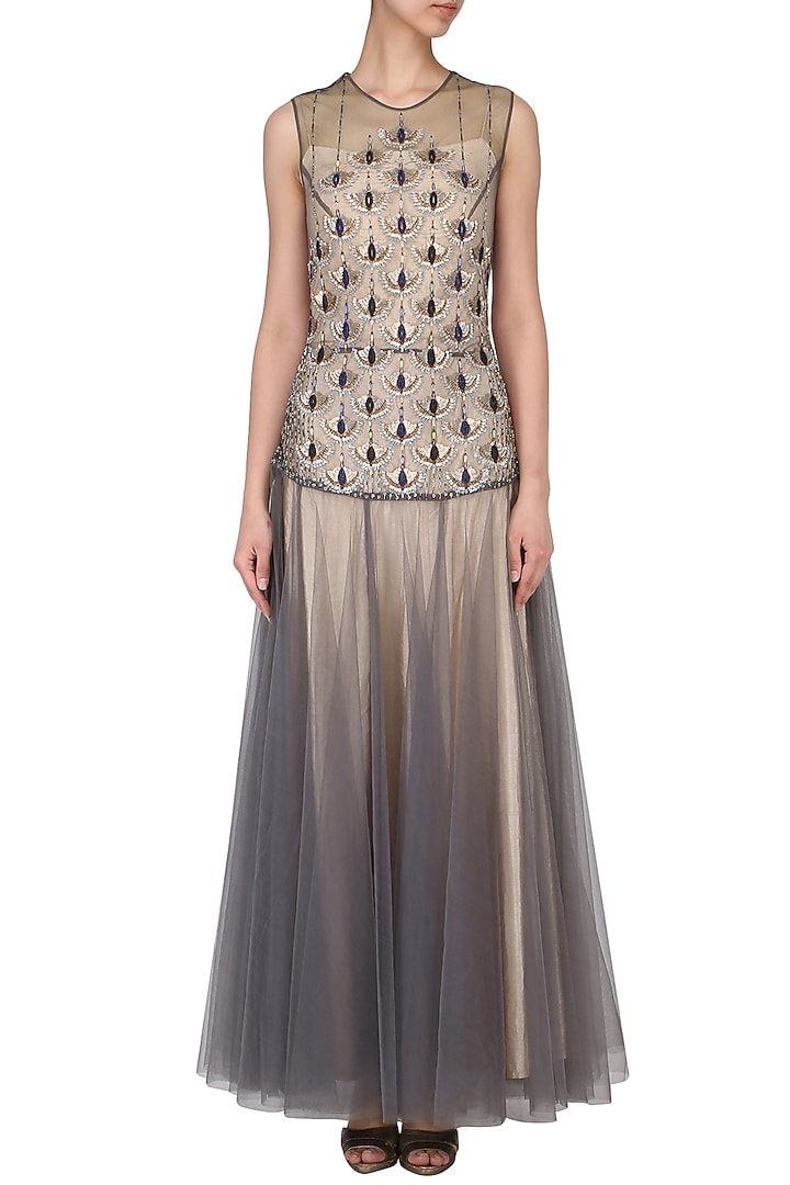 Grey embroidered drop waist gown available only at Pernia's Pop Up Shop.