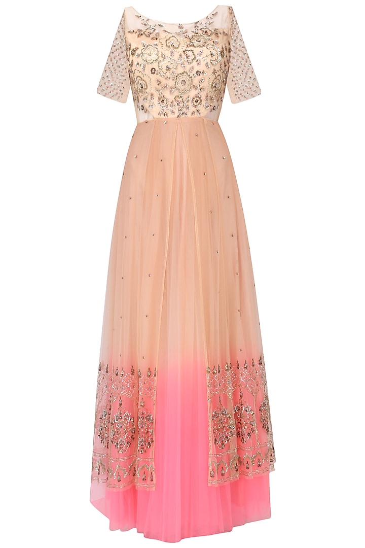 Nude peach to neon pink ombred embroidered gown by Kudi Pataka Designs