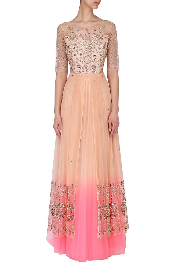 Nude peach to neon pink ombred embroidered gown available only at Pernia's Pop Up Shop.