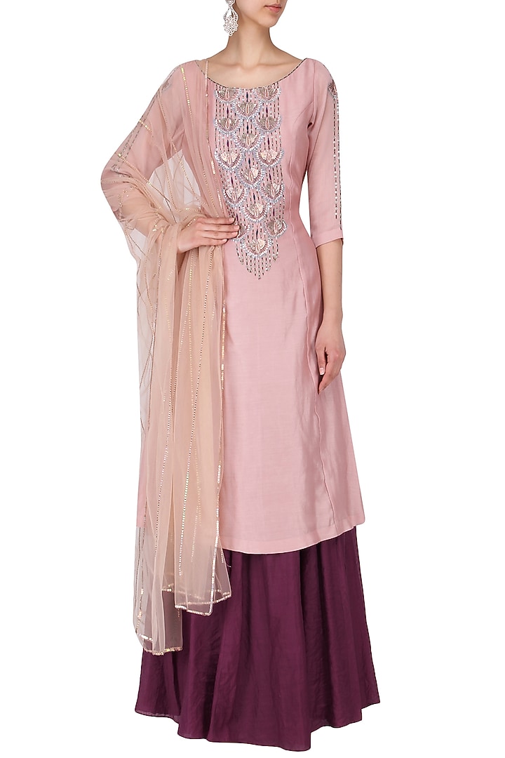 Dusty pink kurta with wine skirt set available only at Pernia's Pop Up Shop.