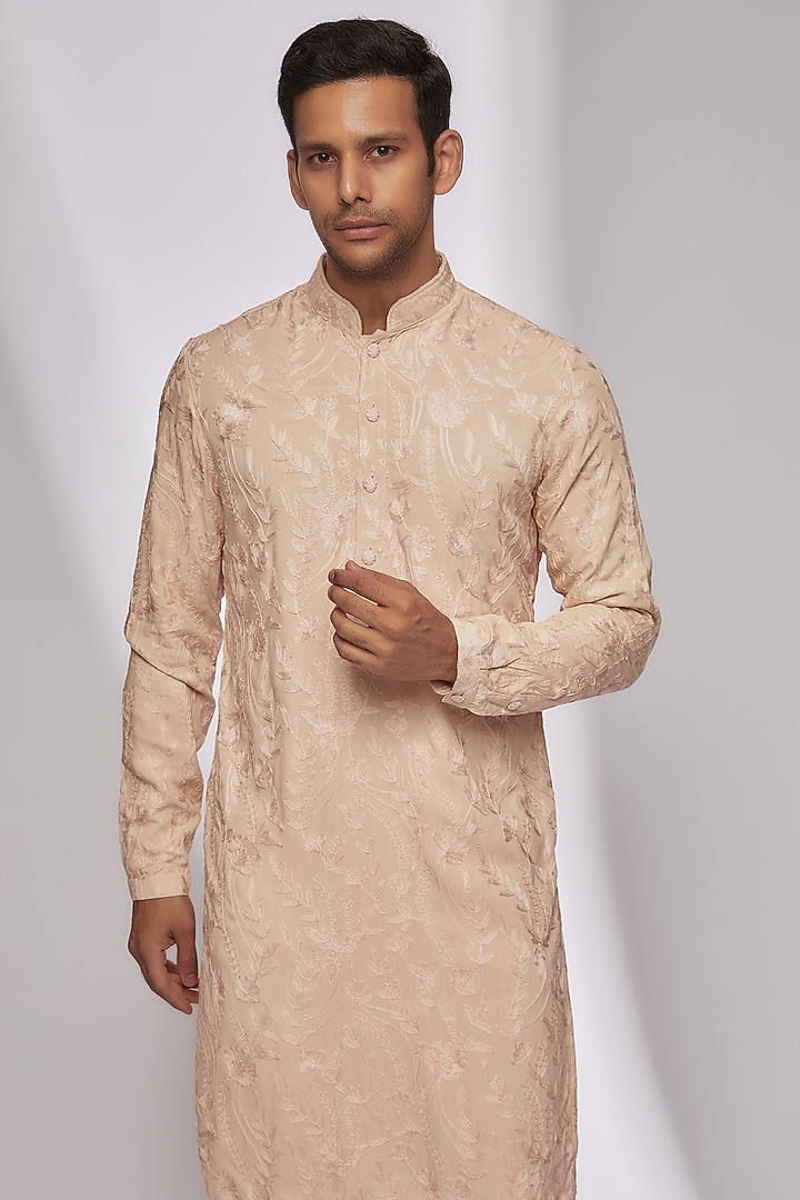 Peach Viscose Kashmiri Embroidered Kurta by Kunal Rawal at Pernia's Pop Up Shop
