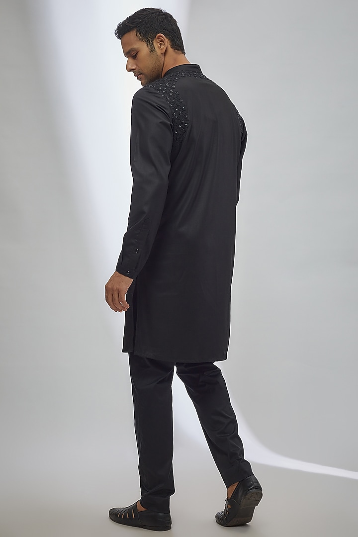 Black Viscose Embroidered Kurta by Kunal Rawal at Pernia's Pop Up Shop