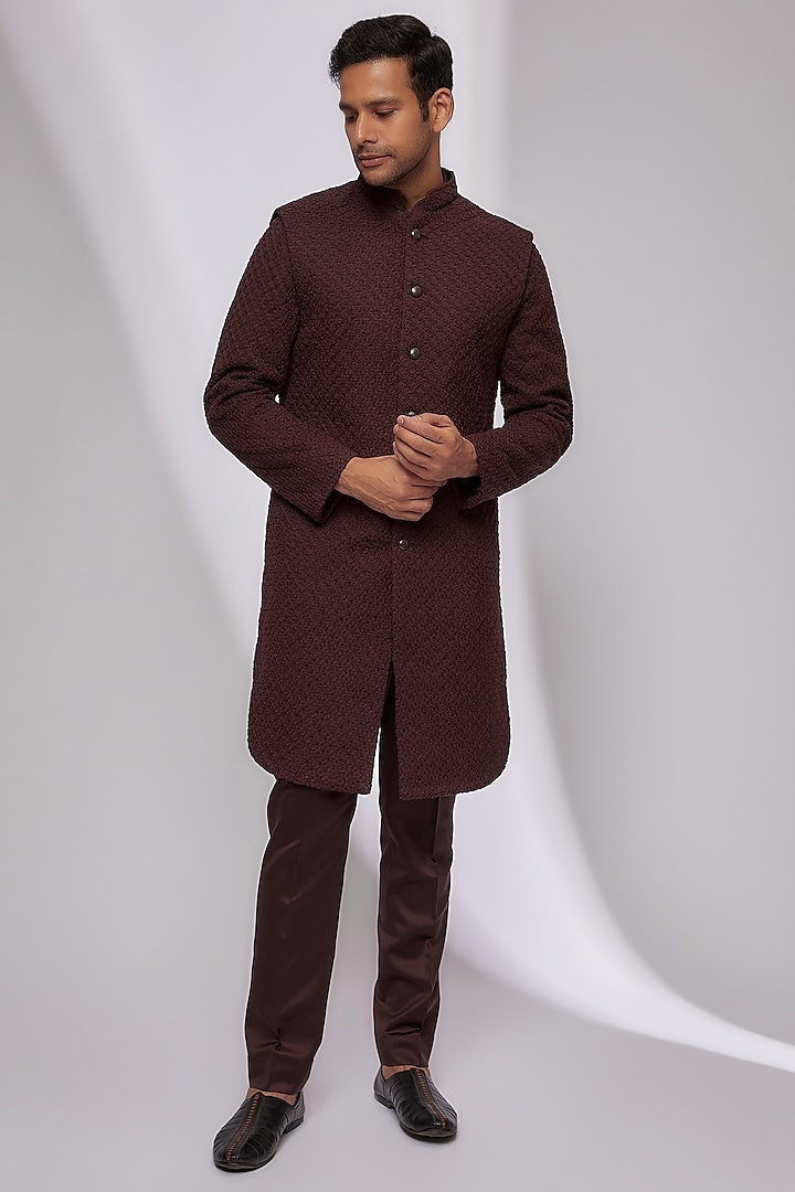 Wine Suiting Embroidered Sherwani Set by Kunal Rawal