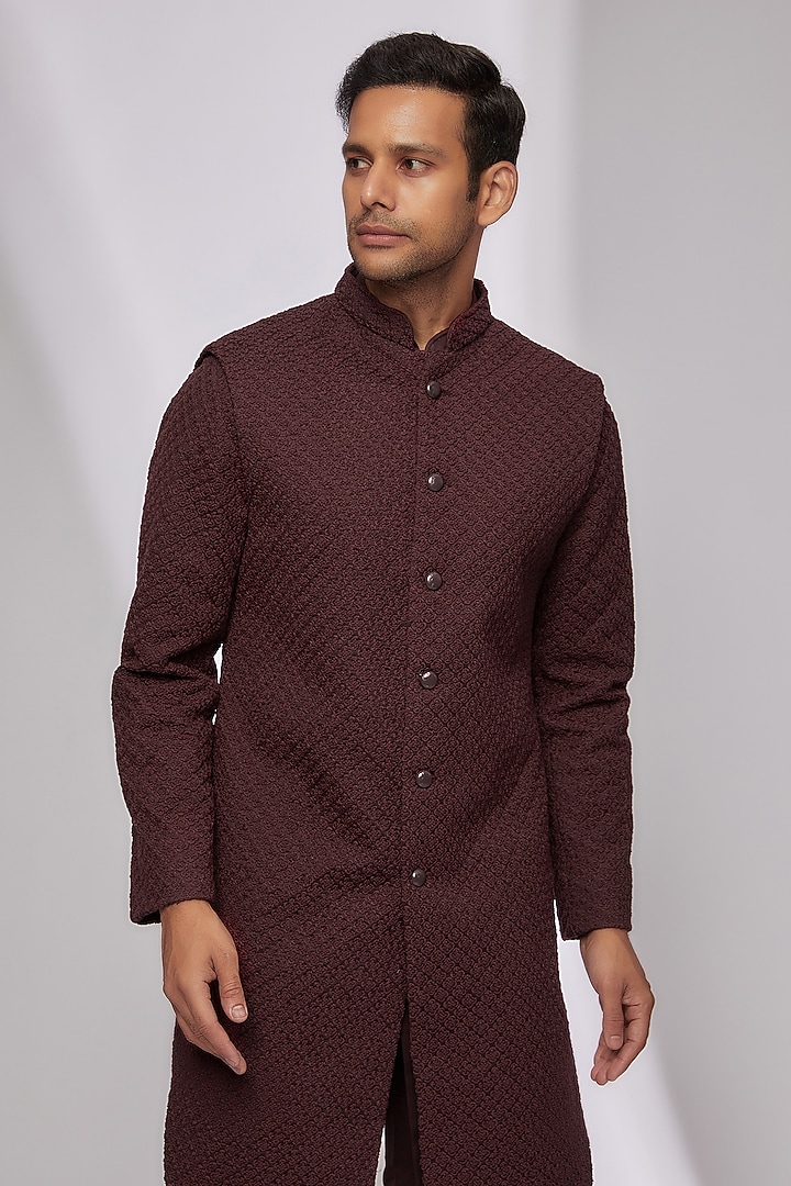 Wine Suiting Embroidered Groom Sherwani Set by Kunal Rawal at Pernia's Pop Up Shop