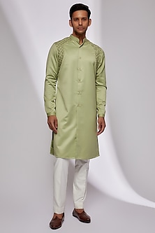 Green Suiting Hand Embroidered Kurta by Kunal Rawal-POPULAR PRODUCTS AT STORE