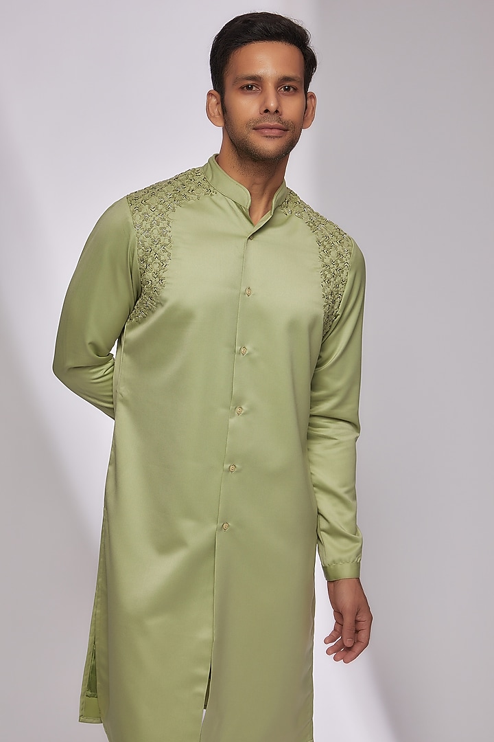 Green Suiting Hand Embroidered Kurta by Kunal Rawal at Pernia's Pop Up Shop