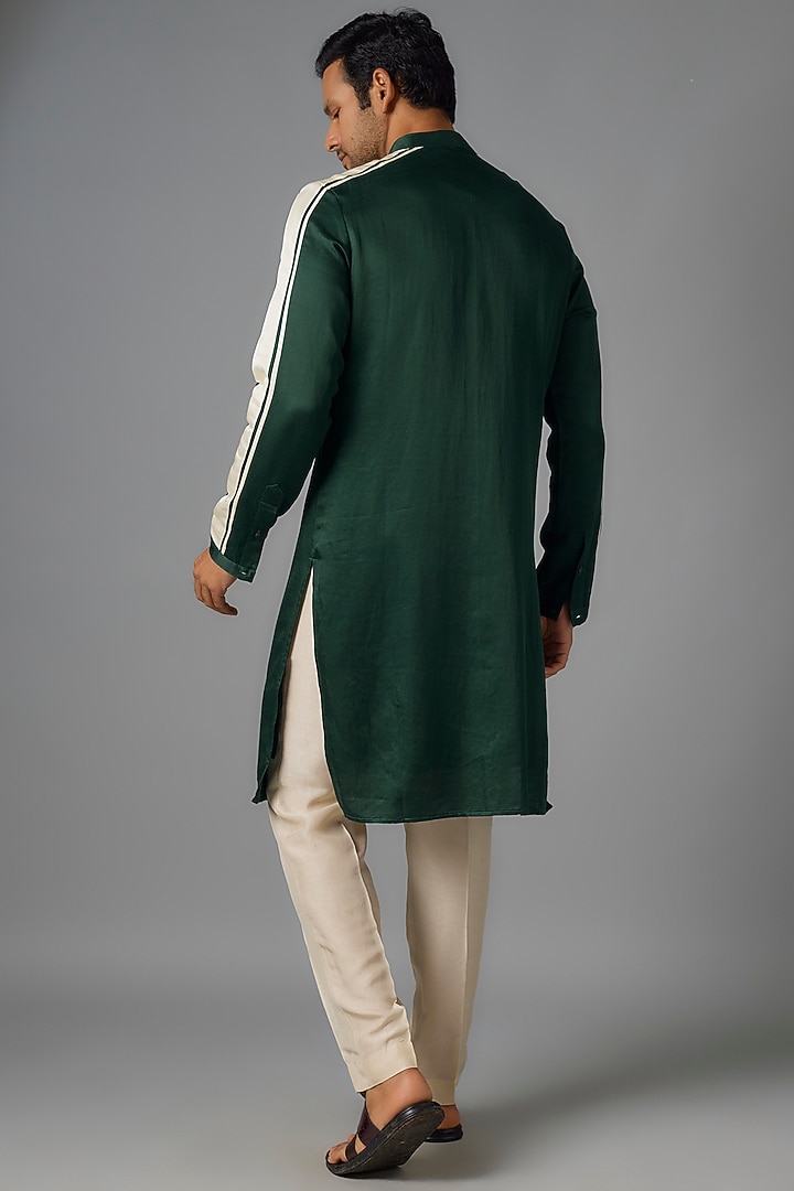 Forest Green & White Linen Satin Kurta by Kunal Rawal at Pernia's Pop Up Shop
