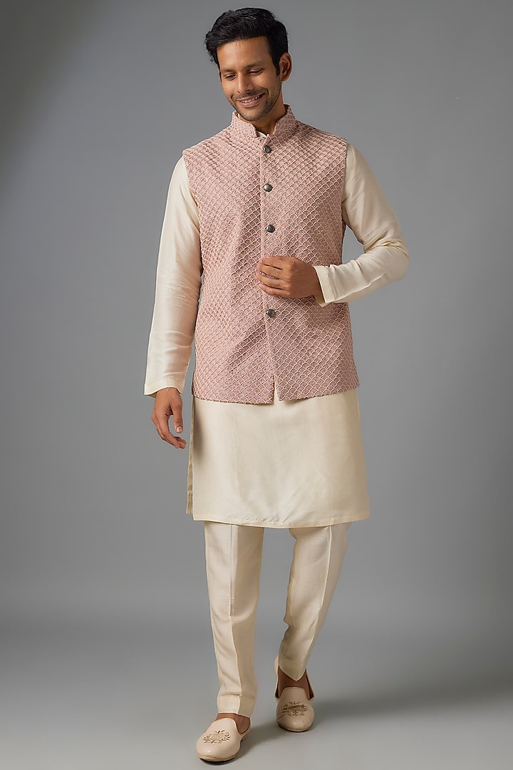 Vintage Rose Pink Suiting Embroidered Nehru Jacket by Kunal Rawal