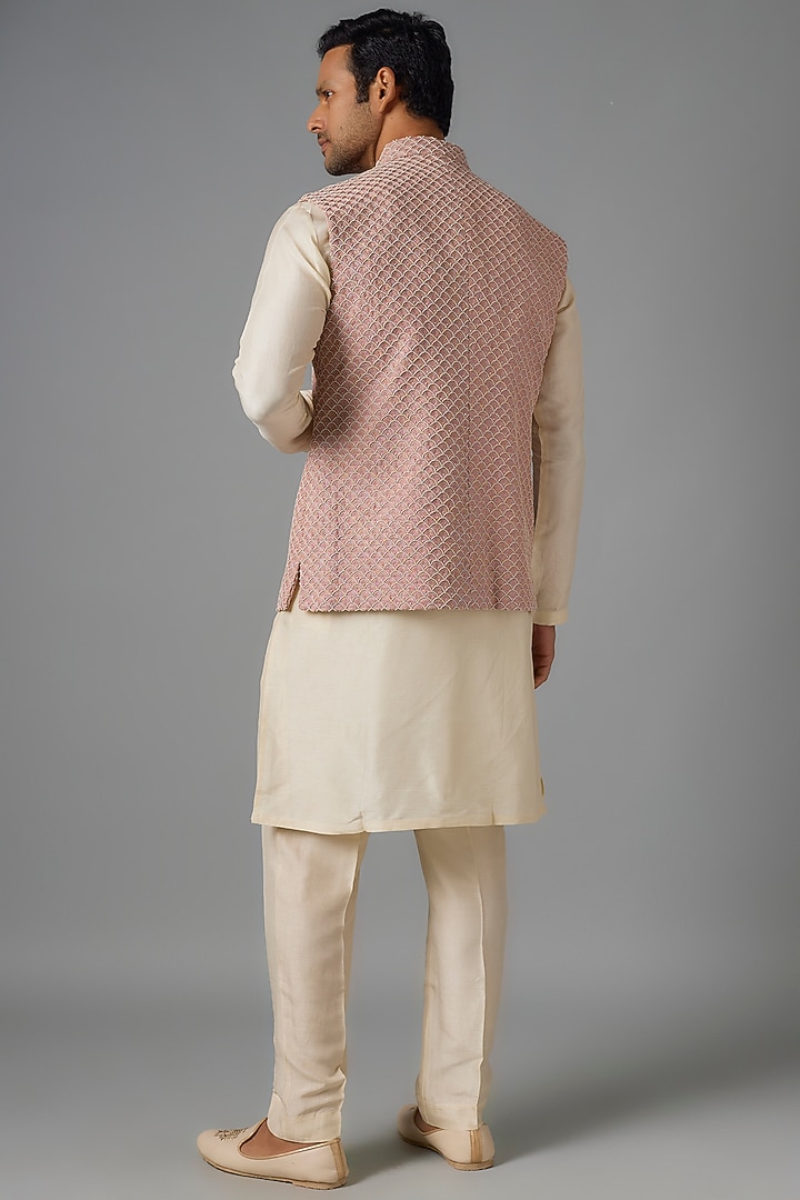 Vintage Rose Pink Suiting Embroidered Nehru Jacket by Kunal Rawal at Pernia's Pop Up Shop