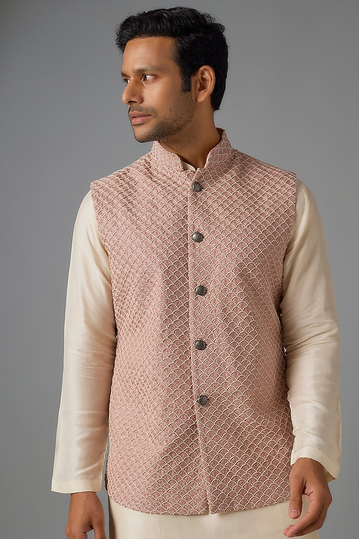 Vintage Rose Pink Suiting Embroidered Nehru Jacket by Kunal Rawal at Pernia's Pop Up Shop