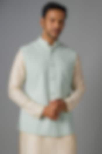 Ice Blue Suiting Embroidered Nehru Jacket by Kunal Rawal at Pernia's Pop Up Shop