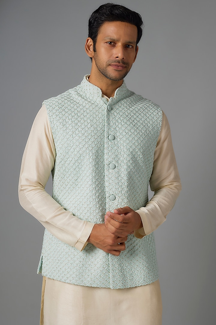 Ice Blue Suiting Embroidered Nehru Jacket by Kunal Rawal at Pernia's Pop Up Shop