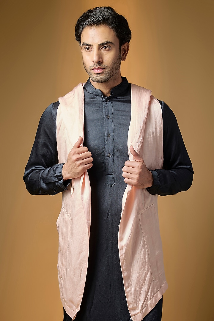 Pink Linen Satin Hoodie Jacket by Kunal Rawal at Pernia's Pop Up Shop