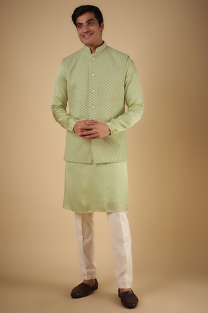 Sage green Suiting Hand Embroidered Bundi Jacket Set by Kunal Rawal