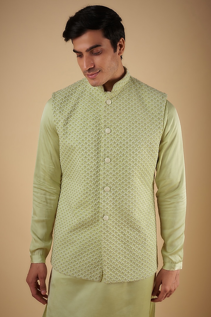 Sage green Suiting Hand Embroidered Bundi Jacket Set by Kunal Rawal at Pernia's Pop Up Shop