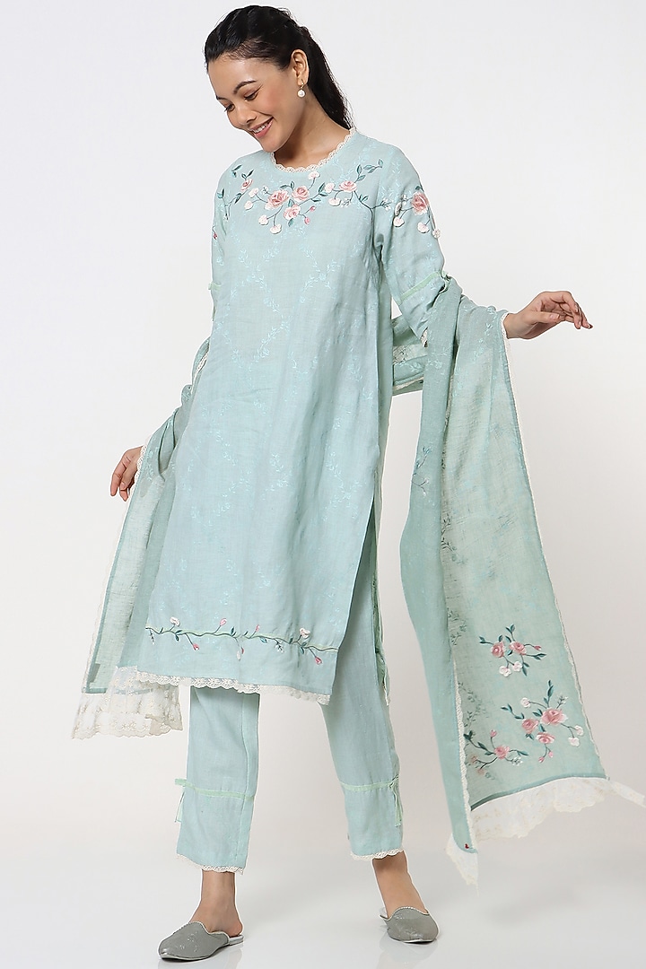 Cloud Blue Embroidered Kurta Set by Kaveri at Pernia's Pop Up Shop