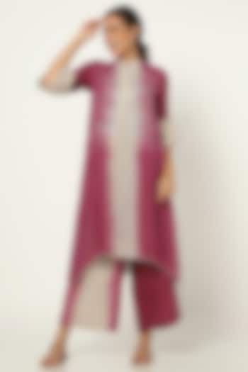 Dark Pink & Grey Linen Flared Tunic Set by Kaveri at Pernia's Pop Up Shop