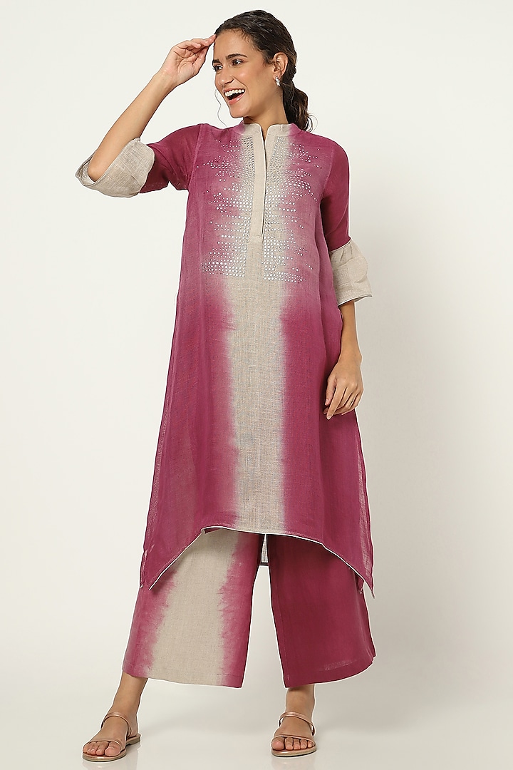 Dark Pink & Grey Linen Flared Tunic Set by Kaveri at Pernia's Pop Up Shop