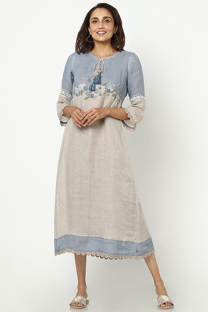 Dove Grey & Sky Blue Linen Midi Dress by Kaveri