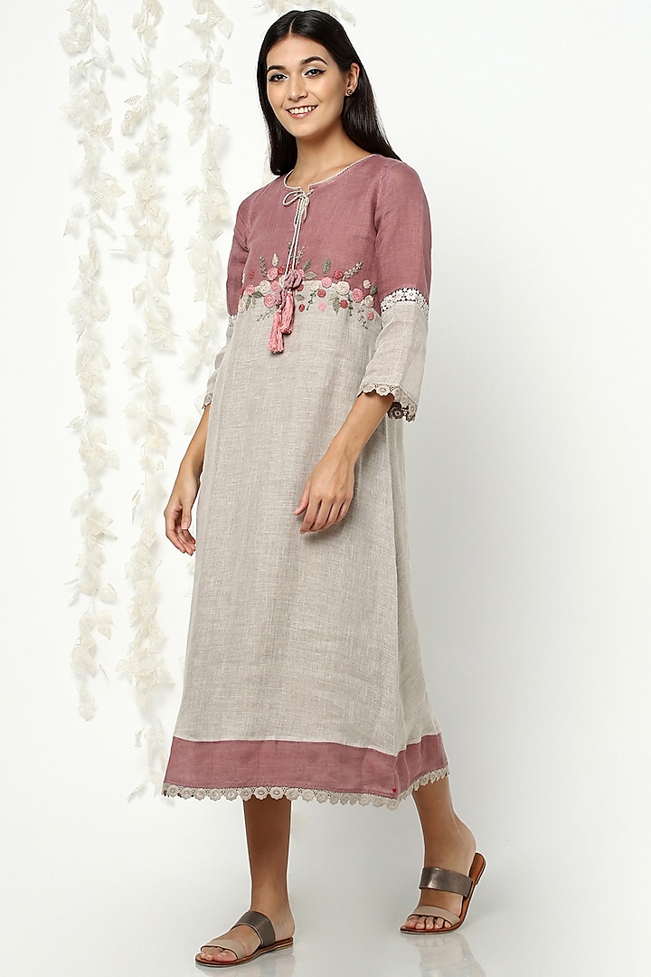 Dove Grey & Charm Pink Linen Midi Dress by Kaveri