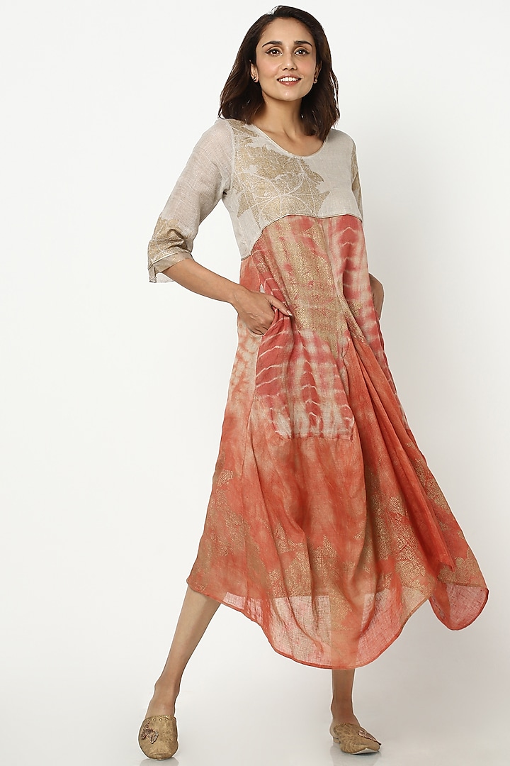 Burnt Orange & Dove Grey Linen Cloak Dress by Kaveri