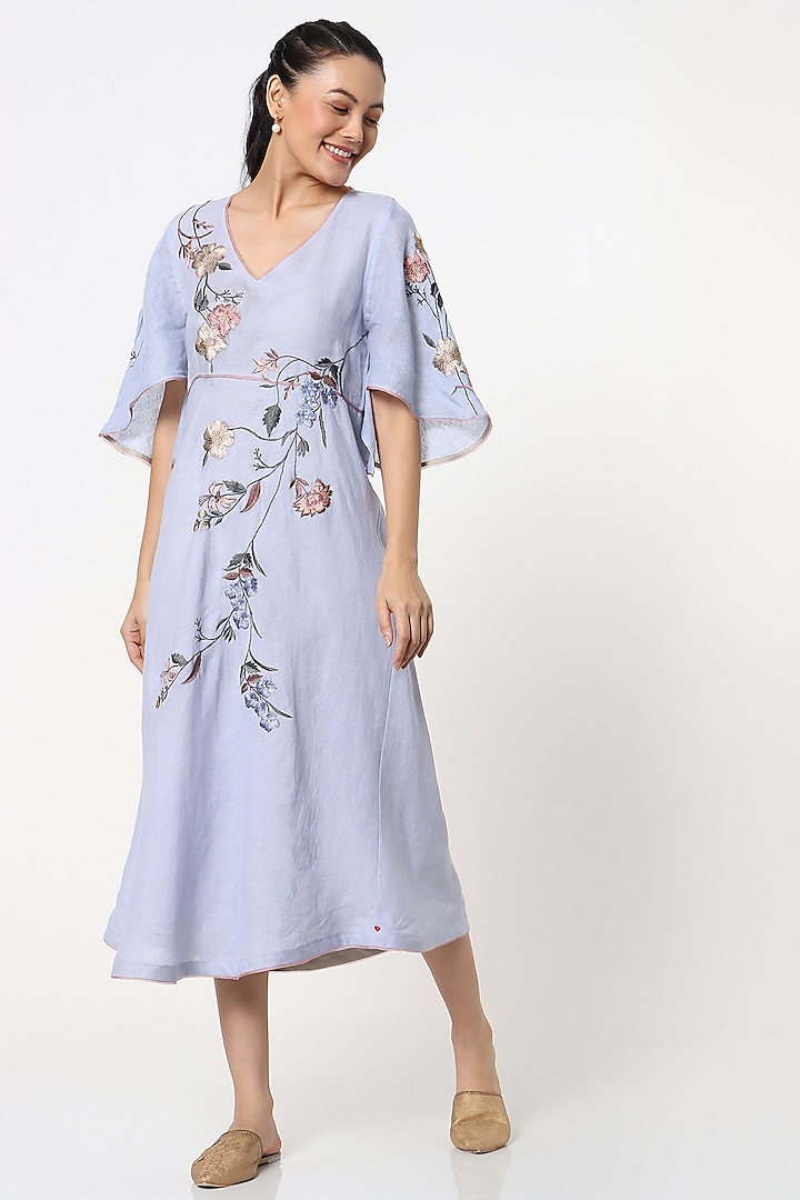 Blue Embroidered Flared Dress by Kaveri at Pernia's Pop Up Shop