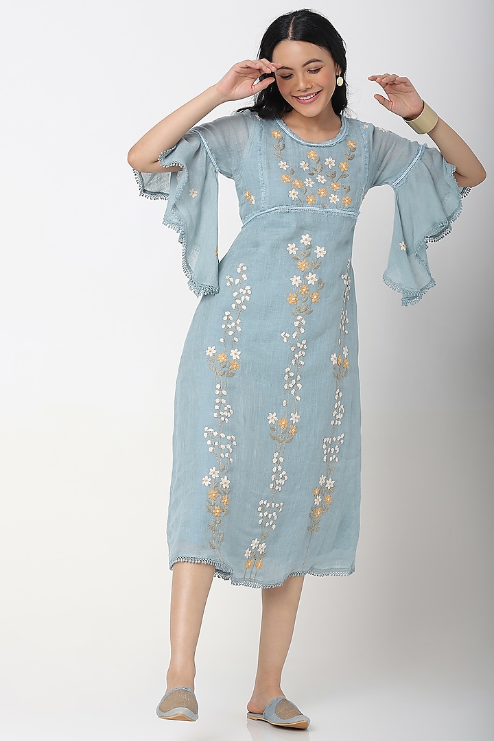 Blue Hand Embroidered Dress by Kaveri at Pernia's Pop Up Shop