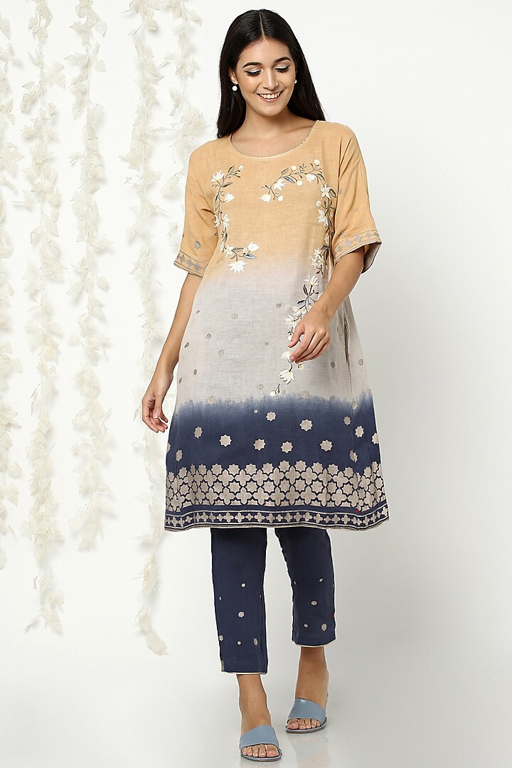 Beige & Blue Dip-Dyed Embroidered Dress by Kaveri