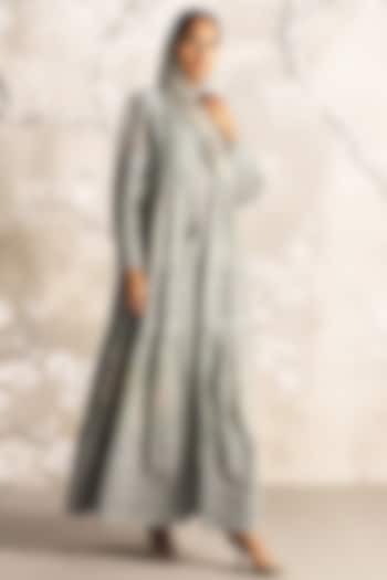 Jade Linen Hand Screen Printed & Embroidered Abaya Jacket Cocktail Dress by Kaveri at Pernia's Pop Up Shop