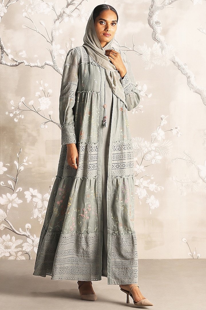 Jade Linen Hand Screen Printed & Embroidered Abaya Jacket Cocktail Dress by Kaveri at Pernia's Pop Up Shop