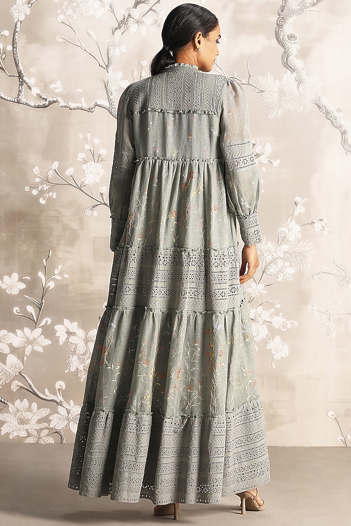 Jade Linen Hand Screen Printed & Embroidered Abaya Jacket Cocktail Dress by Kaveri at Pernia's Pop Up Shop