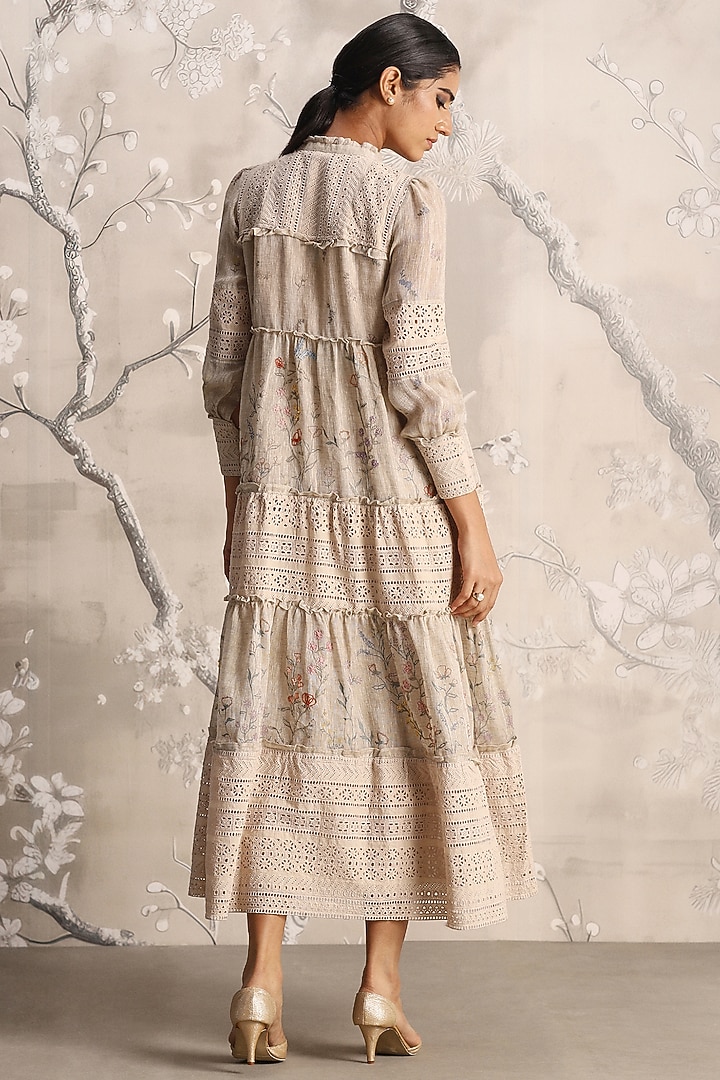 Sand Linen Hand Screen Printed & Embroidered Abaya Jacket Cocktail Dress by Kaveri at Pernia's Pop Up Shop