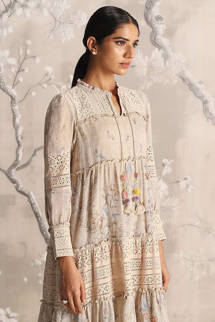 Sand Linen Hand Screen Printed & Embroidered Abaya Jacket Cocktail Dress by Kaveri at Pernia's Pop Up Shop