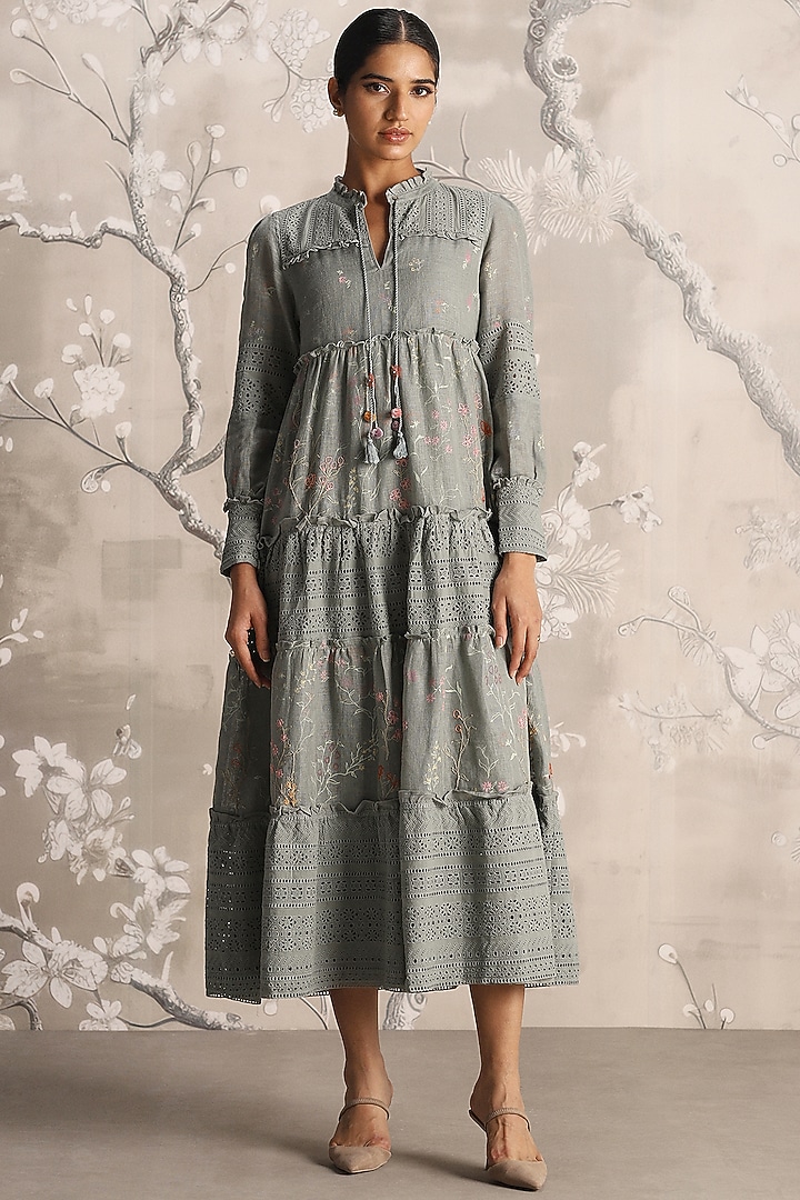 Jade Linen Hand Screen Printed & Embroidered Vacation Dress by Kaveri at Pernia's Pop Up Shop