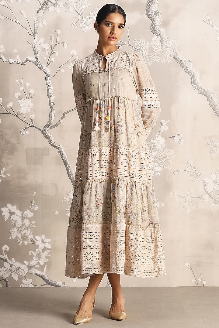 Sand Linen Hand Screen Printed & Embroidered Vacation Dress by Kaveri at Pernia's Pop Up Shop