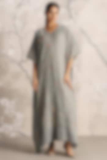 Jade Linen Hand Screen Printed & Embroidered Kaftan by Kaveri at Pernia's Pop Up Shop