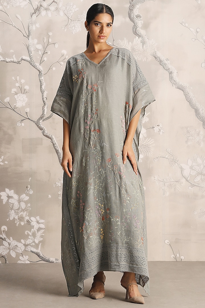 Jade Linen Hand Screen Printed & Embroidered Kaftan by Kaveri at Pernia's Pop Up Shop