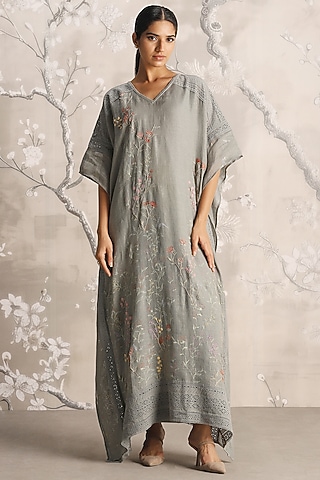 Jade Linen Hand Screen Printed & Embroidered Kaftan by Kaveri