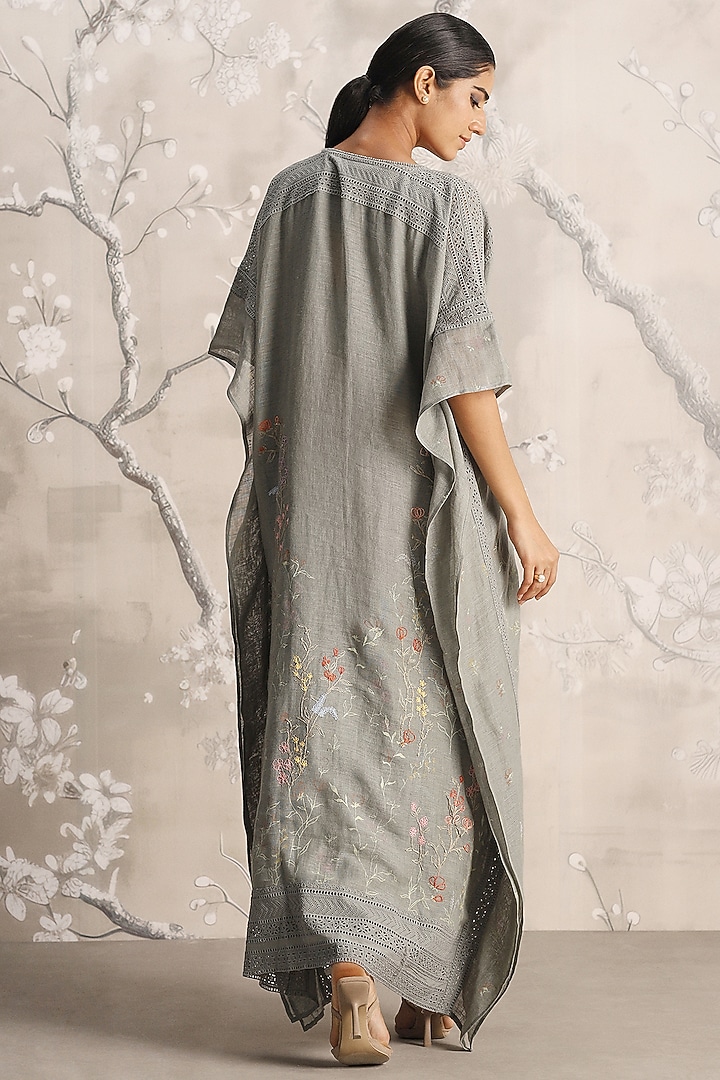Jade Linen Hand Screen Printed & Embroidered Kaftan by Kaveri at Pernia's Pop Up Shop