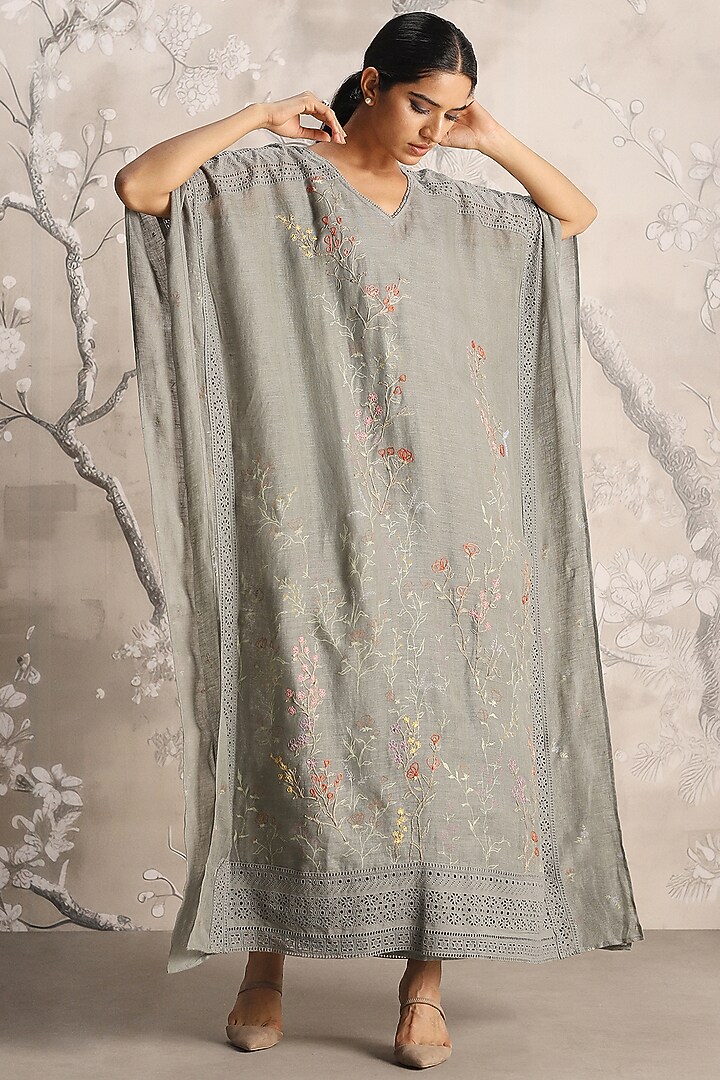 Jade Linen Hand Screen Printed & Embroidered Kaftan by Kaveri at Pernia's Pop Up Shop