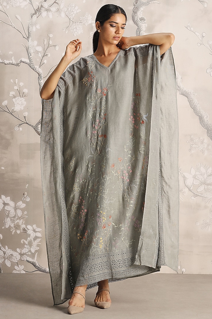 Jade Linen Hand Screen Printed & Embroidered Kaftan by Kaveri at Pernia's Pop Up Shop