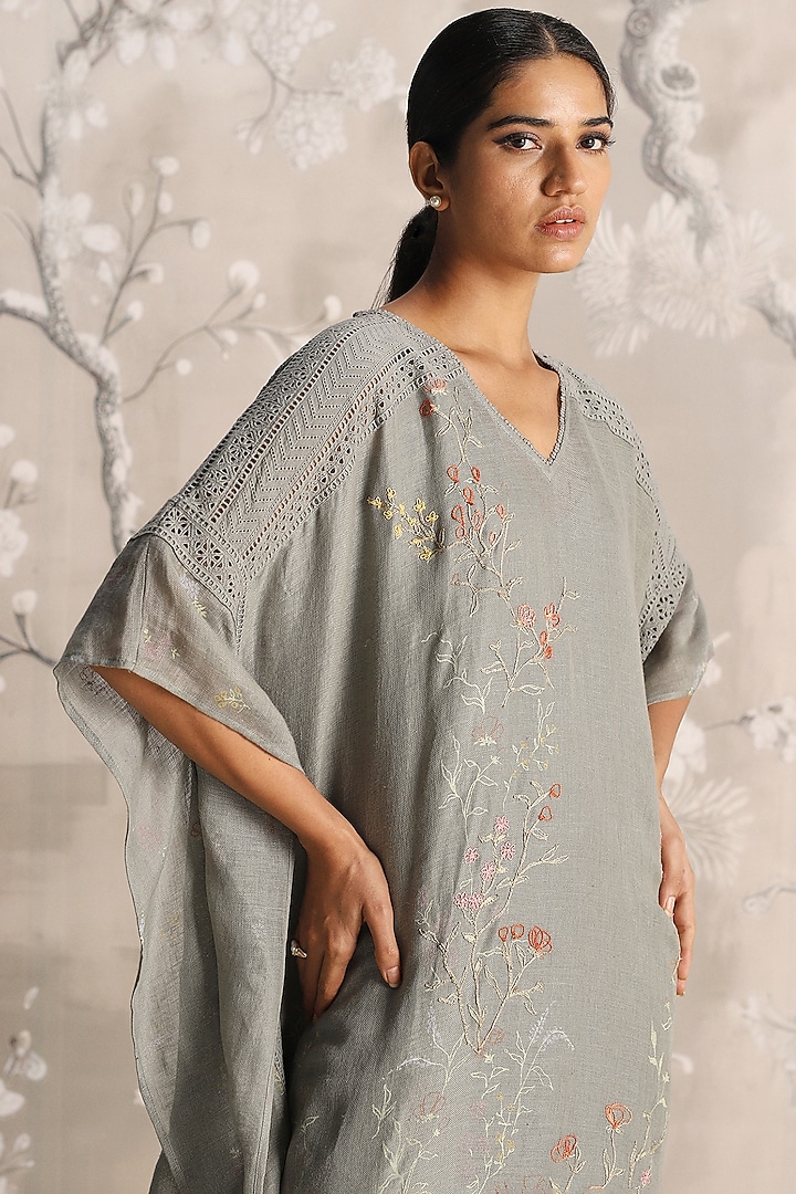 Jade Linen Hand Screen Printed & Embroidered Kaftan by Kaveri at Pernia's Pop Up Shop