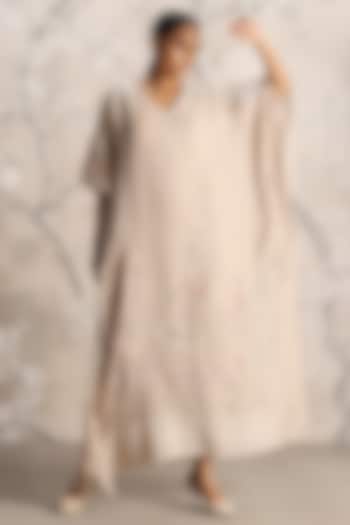 Sand Linen Hand Screen Printed & Embroidered Kaftan by Kaveri at Pernia's Pop Up Shop