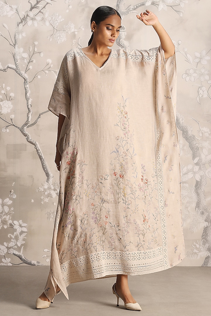 Sand Linen Hand Screen Printed & Embroidered Kaftan by Kaveri at Pernia's Pop Up Shop
