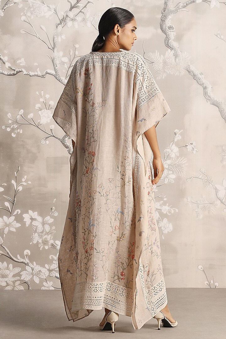Sand Linen Hand Screen Printed & Embroidered Kaftan by Kaveri at Pernia's Pop Up Shop