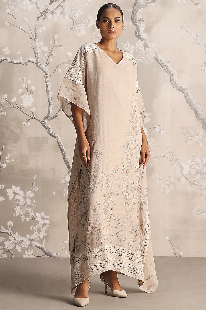 Sand Linen Hand Screen Printed & Embroidered Kaftan by Kaveri at Pernia's Pop Up Shop