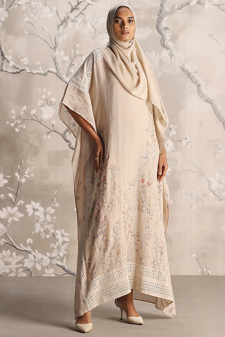 Sand Linen Hand Screen Printed & Embroidered Kaftan by Kaveri at Pernia's Pop Up Shop