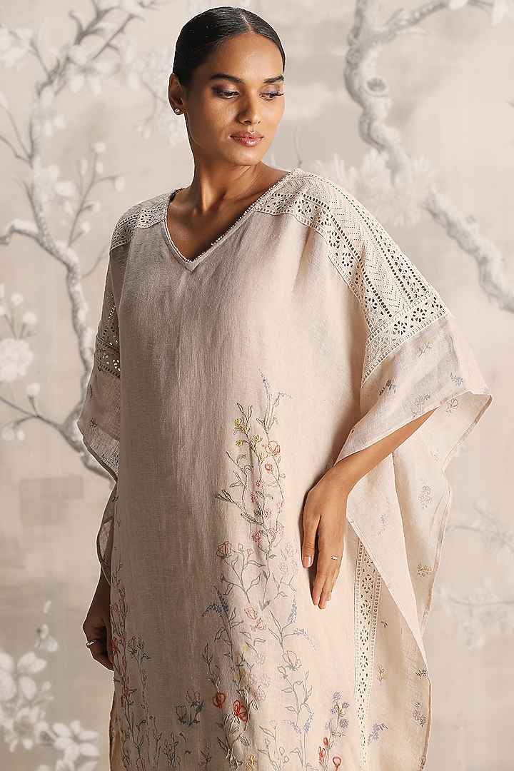Sand Linen Hand Screen Printed & Embroidered Kaftan by Kaveri at Pernia's Pop Up Shop