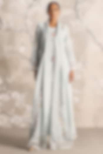 Ice Linen Blend & Silk Organza Hand Embroidered Abaya Jacket With Cocktail Dress by Kaveri at Pernia's Pop Up Shop