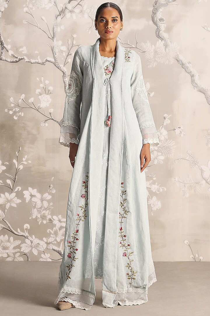 Ice Linen Blend & Silk Organza Hand Embroidered Abaya Jacket With Cocktail Dress by Kaveri at Pernia's Pop Up Shop